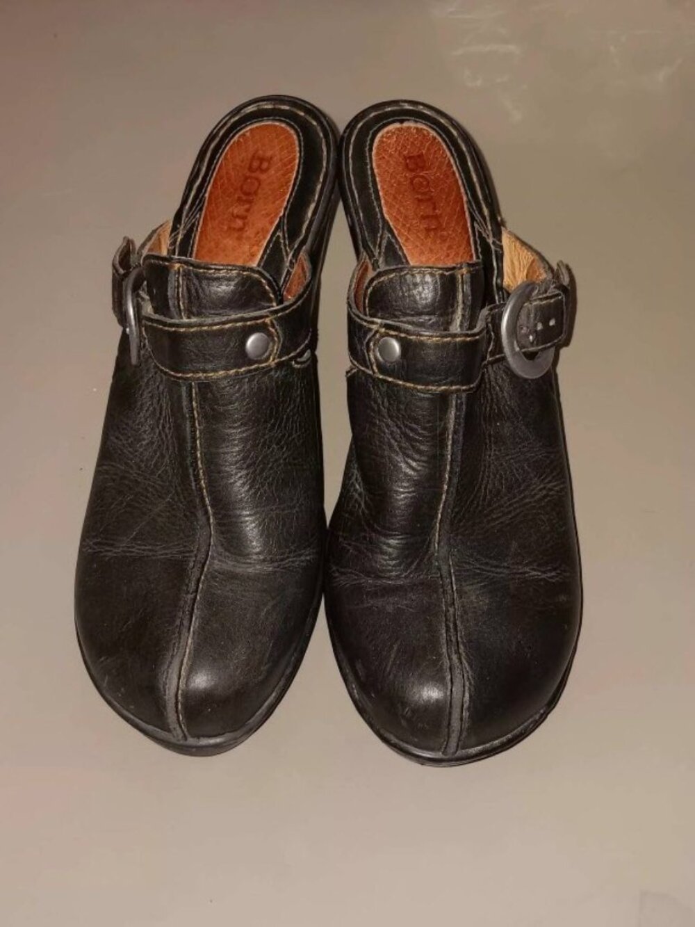Vintage Børn Black Leather Heeled Clogs Size 6 – Side Buckle Mule Platform Shoes